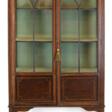 Vitrine, England um 1900, Mahagoni mit Fadenintarsien, oben Festonmalerei, oberer Teil der 2 Türen und Seitenteile verglast, 3 Holzeinlegeböden, auf 4 Beinen, Schloß fehlt, Gebrauchspuren, 171x92x32 cm - Prix ​​des enchères