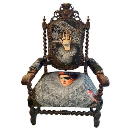 Unique and Large Carved Oak Armchair in Modern Fabric in the Style of Louis XIII Oak and fabric Louis XIII - Renaissance 19th century г. - фото 1