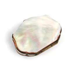 Sleek wallet with mother-of-pearl lids and hidden compartment. 