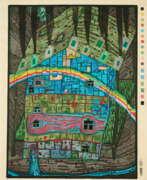 Holzschnitt. Friedensreich Hundertwasser. River under the Roof
