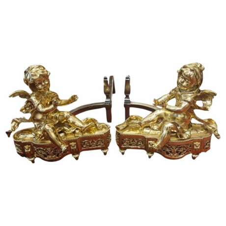 19th Century Pair of Putti Andirons in Gilt Bronze Bronce 19th century - photo 1