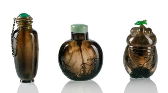 Drei Rauchquartz-Snuffbottles in der Form von Vase, Zikade und Kugelflasche - Foto 1
