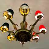 Eight-Armed Chandelier with Red or Black Lampshades Art Deco Mid-20th Century Bronce Antiquity 20th century - photo 4