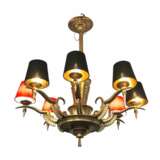 Eight-Armed Chandelier with Red or Black Lampshades Art Deco Mid-20th Century Bronce Antiquity 20th century - photo 7