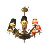Eight-Armed Chandelier with Red or Black Lampshades Art Deco Mid-20th Century Bronce Antiquity 20th century - photo 8