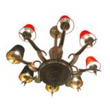 Eight-Armed Chandelier with Red or Black Lampshades Art Deco Mid-20th Century Bronce Antiquity 20th century - photo 9