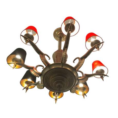 Eight-Armed Chandelier with Red or Black Lampshades Art Deco Mid-20th Century Bronce Antiquity 20th century - photo 9