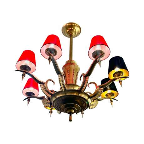 Eight-Armed Chandelier with Red or Black Lampshades Art Deco Mid-20th Century Bronce Antiquity 20th century - photo 10
