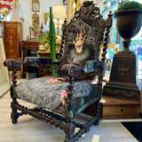 Unique and Large Carved Oak Armchair in Modern Fabric in the Style of Louis XIII Oak and fabric Louis XIII - Renaissance 19th century - photo 6