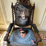 Unique and Large Carved Oak Armchair in Modern Fabric in the Style of Louis XIII Oak and fabric Louis XIII - Renaissance 19th century - photo 11