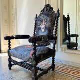 Unique and Large Carved Oak Armchair in Modern Fabric in the Style of Louis XIII Oak and fabric Louis XIII - Renaissance 19th century - photo 14