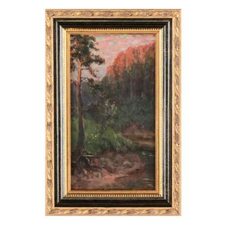 Paysage au coucher du soleil sur la rivi&egrave;re. Russie 20e si&egrave;cle. Oil on wood panel realism 20th century - Foto 1