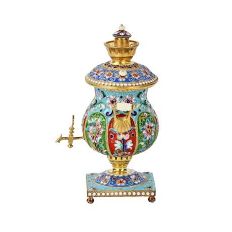 Silver gilded with painted enamels samovar. Enamel Neo-Russian 20th century - photo 3