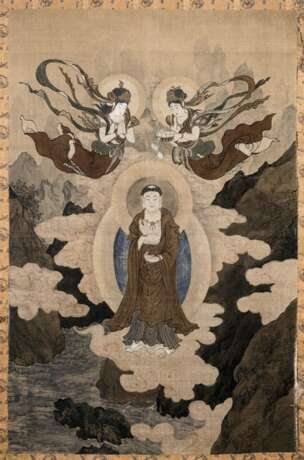 Großes Andachtsbild mit Darstellung des Guanyin pusa unter zwei Asparas - photo 1