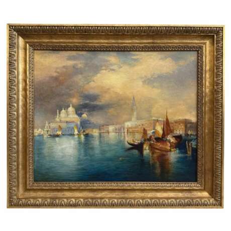 Venetian Sunset &ndash; Oil Painting in Carved Giltwood Frame 19th Century - photo 1