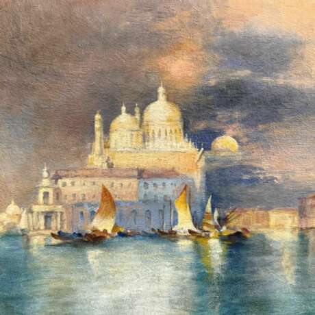 Venetian Sunset &ndash; Oil Painting in Carved Giltwood Frame 19th Century - photo 2