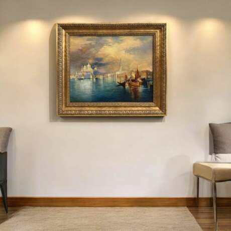 Venetian Sunset &ndash; Oil Painting in Carved Giltwood Frame 19th Century - photo 8