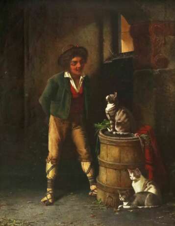 A. Rizzoni. Genre scene Game with cats. Canvas oil realism Late 19th century - photo 2
