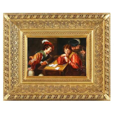 PORCELAIN PLAQUE WITH A GENRE SCENE &ldquo;CARD SHARPS&rdquo; KPM BERLIN TURN OF THE 19TH&ndash;20TH CENTURIES Porcelain Hand Painted Baroque At the turn of 19th -20th century - photo 1
