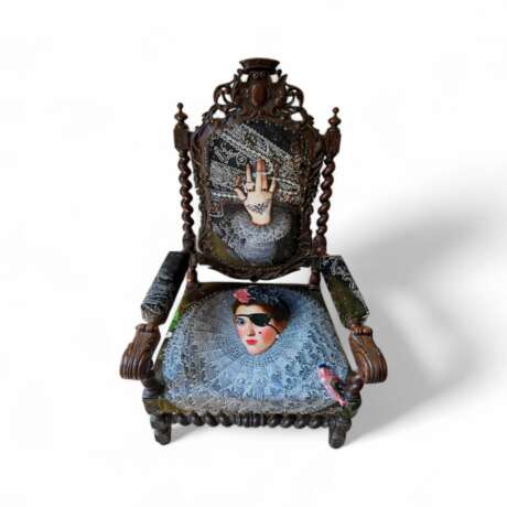 Unique and Large Carved Oak Armchair in Modern Fabric in the Style of Louis XIII Oak and fabric Louis XIII - Renaissance 19th century - photo 7