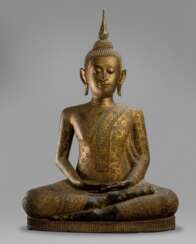 Grosse Bronzefigur des Buddha Shakyamuni mit Gold- und Schwarzlack