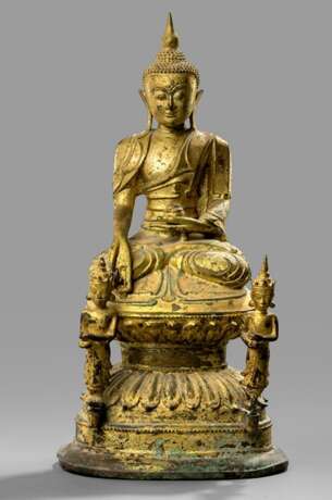 Bronze des Baisajyaguru mit Meditationssitz mit Goldfassung - Foto 1