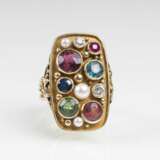 Vintage Gold-Ring mit Turmalinen, Saphir, Rubin, Perlen und Diamanten - photo 1