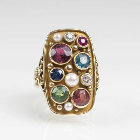 Vintage Gold-Ring mit Turmalinen, Saphir, Rubin, Perlen und Diamanten - photo 1