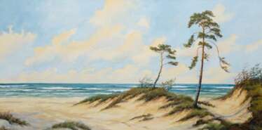 Maler 20. Jh. &quot;Windflüchter an der Küste&quot;, Öl/ Lw., undeutl. sign. u.r., 50x100 cm, Rahmen