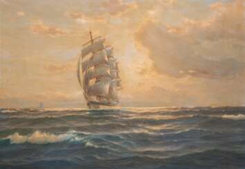 Glüsing, Fräncis Martin (1886 Hamburg-1957 ebenda) &quot;Großsegler im Sonnenuntergang&quot;, Öl/ Lw., sign. u.r., 70x100 cm, Rahmen