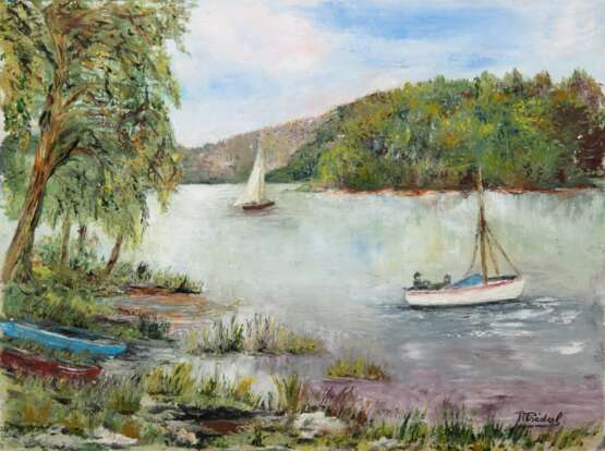 "Bergsee mit Seglern", Öl/ Lw., undeutl. sign. u.r., 47x55 cm, ungerahmt - photo 1