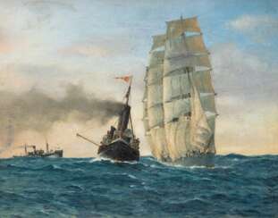 Gaede, Theodor (1895-?) &quot;Vollschiff beim Einlaufen in die Weser&quot;, Öl/ Lw./ Pappe, unsign., 23,5x30 cm, Rahmen