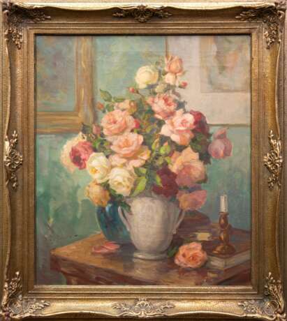 Becher, Theodor (1889 Holzminden-?) "Rosenstrauß in Vase", Öl/ Lw., sign. u.l., 70x60 cm, Rahmen - фото 1