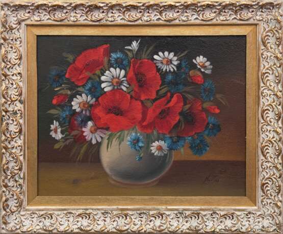 "Blumenstilleben mit Mohnblumen, Kornblumen und Gänseblümchen", Öl/ Platte, monogr. "NZ", 33x41 cm, Rahmen - Foto 1