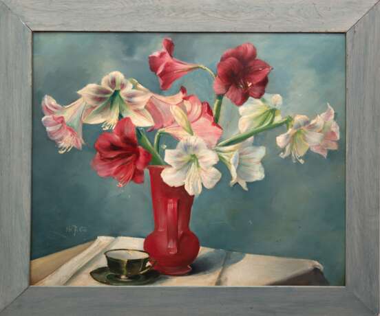 "Stilleben mit Amaryllis in Vase", Öl/ Karton, undeutl. sign. u.l., 57,5x68 cm, Rahmen - Foto 1