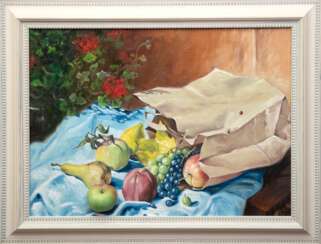 Novosad, Karel (1944-2008, Tschechischer Künstler) &quot;Obststilleben mit halbplastischem Apfel&quot;, rückseitig &quot;Alster&quot;, Öl/ Lw., sign. u.r. und dat. ´96, 61x80 cm, Rahmen