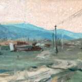 "Berglandschaft mit Hütten und Strommasten am Wegrand", Öl/ Karton, unsign., 8,5x20,5 cm, im Passepartout, ungerahmt - photo 1