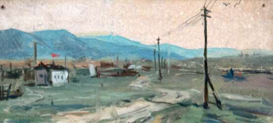 "Berglandschaft mit Hütten und Strommasten am Wegrand", Öl/ Karton, unsign., 8,5x20,5 cm, im Passepartout, ungerahmt - photo 1