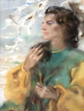 Maler Neue Sachlichkeit "Frau in Winterlandschaft", Pastell, undeutl. sign. o.l., 48x34 cm, hinter Glas und Rahmen - photo 1