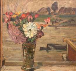 Albitz, Richard (1876 Berlin-1954 ebenda) &quot;Blumenstrauß in Vase vor dem Fährhaus&quot;, Öl/ Mp., sign. u.l., rückseitig bez., 36x35,5 cm, Rahmen (Studium an der Kunstgewerbeschule Charlottenburg und besuchte gleichz…