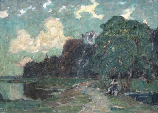 Albitz, Richard (1876 Berlin-1954 ebenda) "Die blaue Stunde", Öl/ Mp. rückseitig bez., 18x24 cm, Rahmen (Studium an der Kunstgewerbeschule Charlottenburg und besuchte gleichzeitig ein Berliner Studienatelier, v… - photo 1