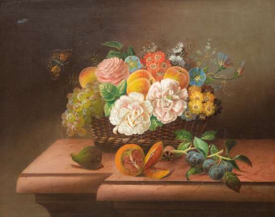 Seitz, Johann Georg (1810 Nürnberg-1870 Wien) "Blumenkorb mit Schmetterling", Öl/Lw., verso alter Aufkleber mit Titel und Bezeichnung, Lw. o.l. kl. Rep. und rückseitig 1x Hinterlegung, 56x68 cm, Rahmen (Seitz… - photo 1