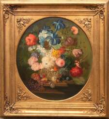 Künstler des 19. Jh. &quot;Blumenstilleben mit Obst und Insekten&quot;, Öl/Lw., unsigniert, 64x57 cm, oval im Prunkrahmen