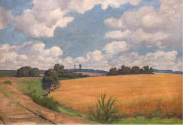 Zuchors, Walter (1870 Pommern-1947 Berlin) &quot;Weite Sommerlandschaft mit Getreidefeldern bei Freest-Vorpommern&quot;, Öl/ Lw., sign. u.l. und dat. ´26, kl. Loch und Kratzer, 39,5x56 cm, Rahmen