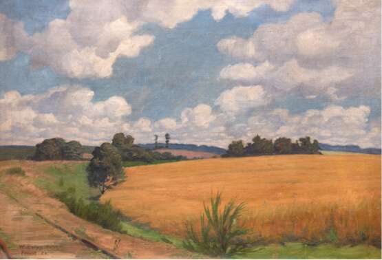 Zuchors, Walter (1870 Pommern-1947 Berlin) "Weite Sommerlandschaft mit Getreidefeldern bei Freest-Vorpommern", Öl/ Lw., sign. u.l. und dat. ´26, kl. Loch und Kratzer, 39,5x56 cm, Rahmen - photo 1