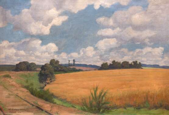 Zuchors, Walter (1870 Pommern-1947 Berlin) "Weite Sommerlandschaft mit Getreidefeldern bei Freest-Vorpommern", Öl/ Lw., sign. u.l. und dat. ´26, kl. Loch und Kratzer, 39,5x56 cm, Rahmen - photo 2