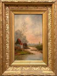 Flint, J. (Düsseldorfer Maler des 19. Jh.) &quot;Herbstliche Flußlandschaft&quot;, Öl/ Holzpaneel, sign. u.r., 34x21,5 cm, Rahmen
