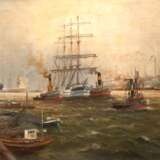 Jensen, Alfred (1859 Randers-1935 Hamburg) "Hamburger Hafen", Öl/ Lw., sign. u.l., craqueliert, kl. Retuschen, Lw. besch., 81x121 cm, Rahmen (Jensen gilt als sogenannter Marinemaler, dessen Werke, darunter Schi… - photo 1