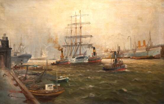 Jensen, Alfred (1859 Randers-1935 Hamburg) "Hamburger Hafen", Öl/ Lw., sign. u.l., craqueliert, kl. Retuschen, Lw. besch., 81x121 cm, Rahmen (Jensen gilt als sogenannter Marinemaler, dessen Werke, darunter Schi… - photo 1