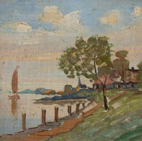 "Segelboot vor Küste", Öl/ Karton, unsign., 14x14 cm, Rahmen - Foto 1